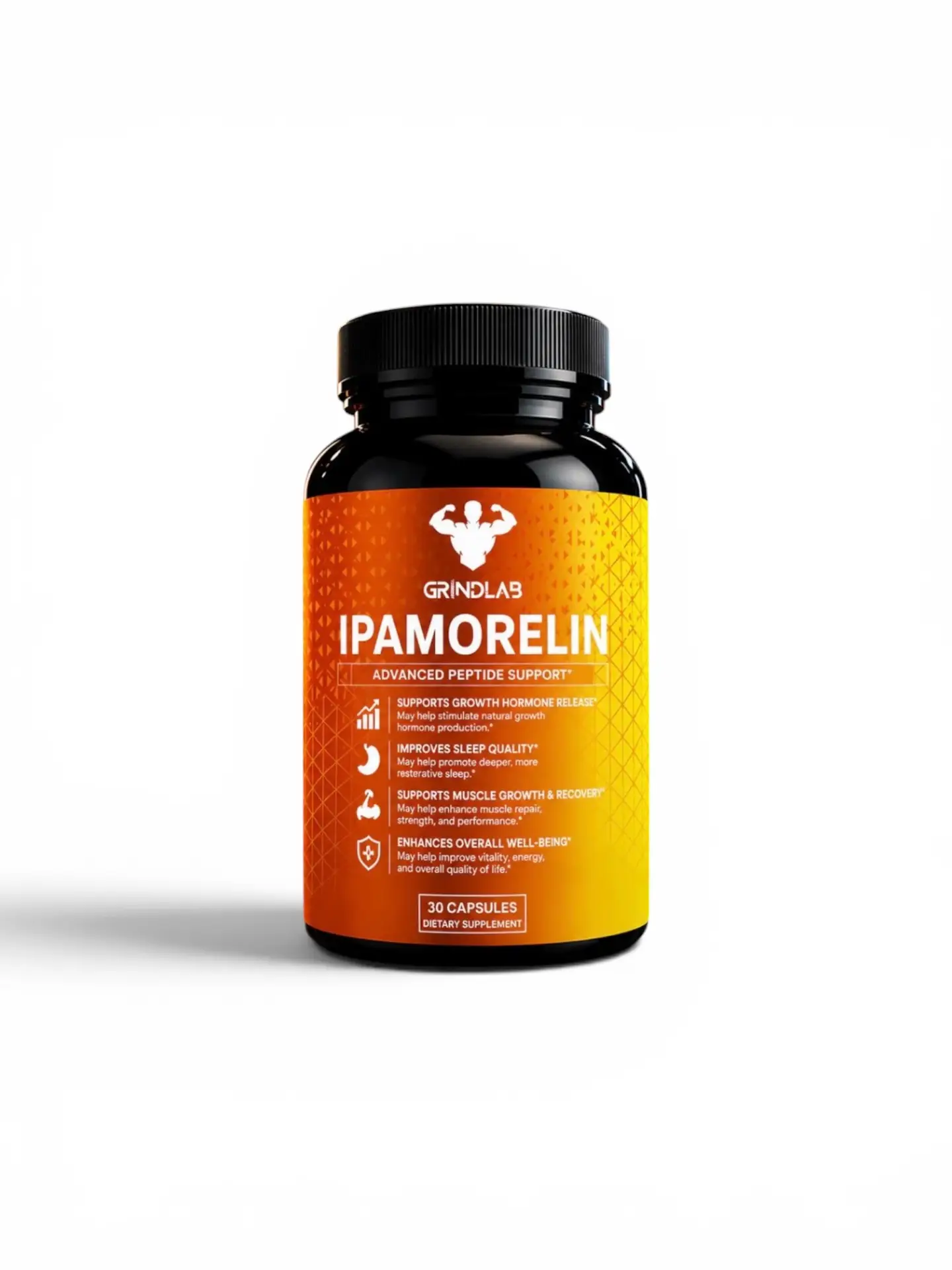 Grindlab Ipamorelin capsules bottle, labelled research material